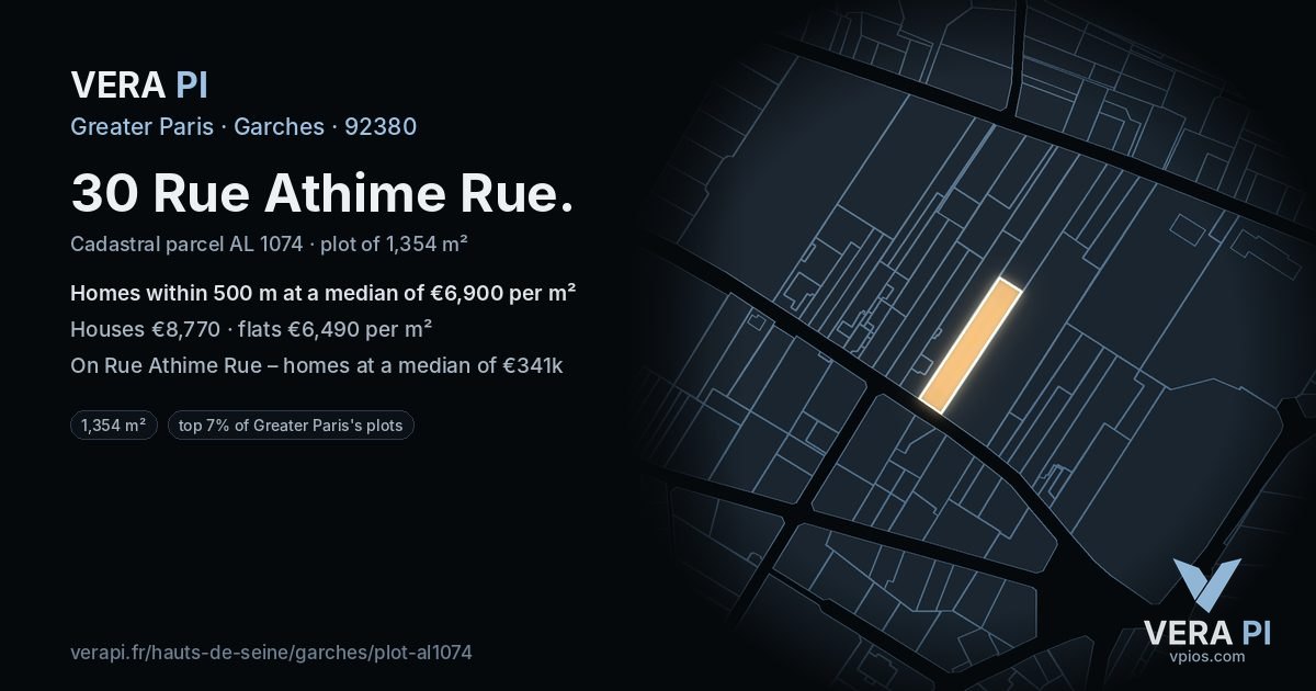 30 Rue Athime Rue, Garches at night – the plot lit, the parcels around coloured by the prices near them