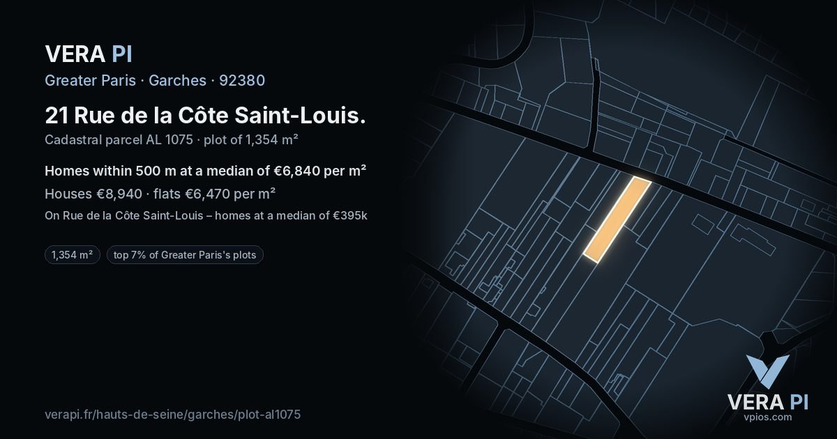 21 Rue de la Côte Saint-Louis, Garches at night – the plot lit, the parcels around coloured by the prices near them