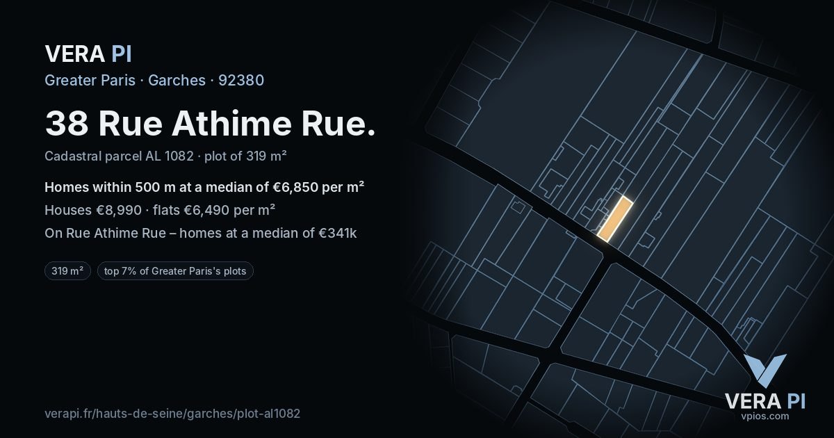 38 Rue Athime Rue, Garches at night – the plot lit, the parcels around coloured by the prices near them