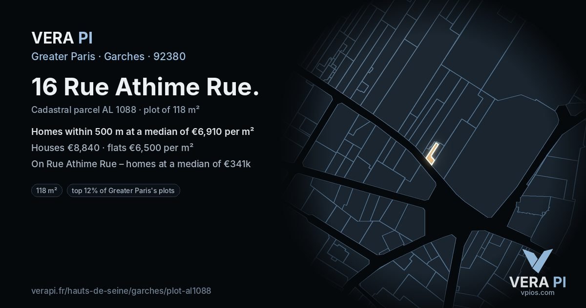 16 Rue Athime Rue, Garches at night – the plot lit, the parcels around coloured by the prices near them