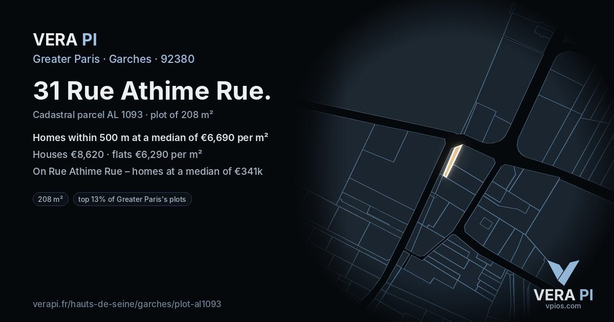 31 Rue Athime Rue, Garches at night – the plot lit, the parcels around coloured by the prices near them