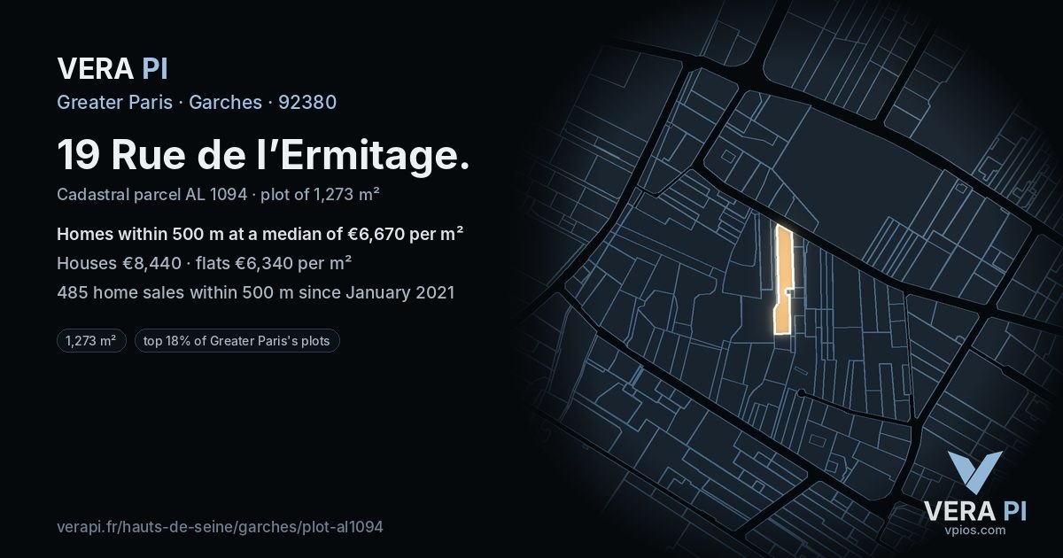 19 Rue de l’Ermitage, Garches at night – the plot lit, the parcels around coloured by the prices near them