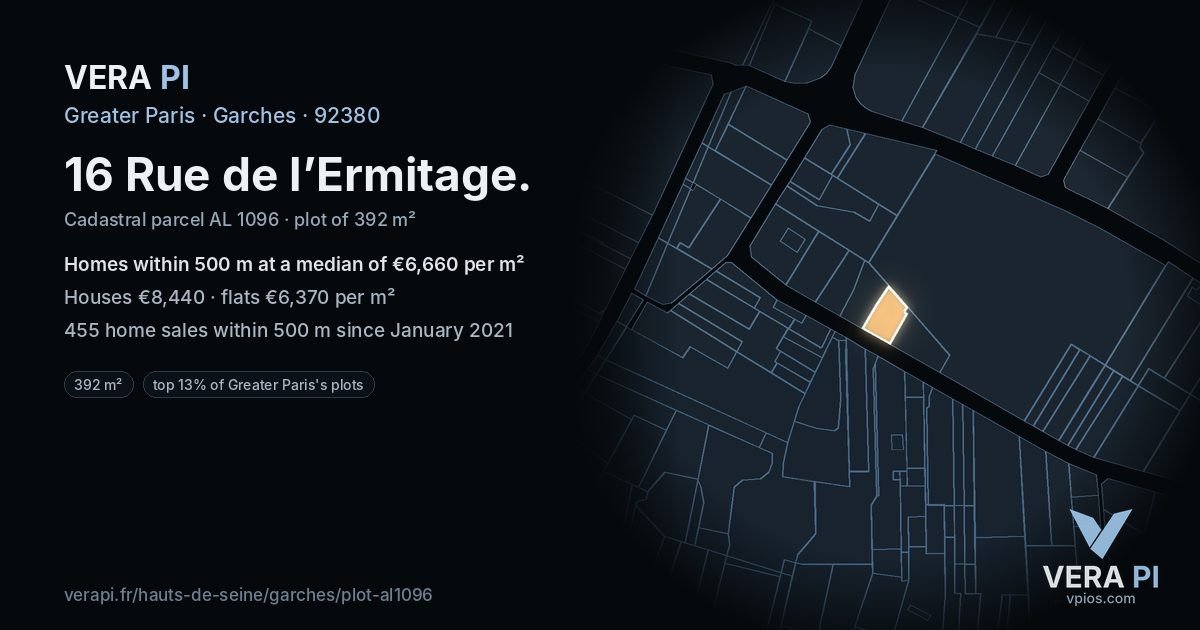 16 Rue de l’Ermitage, Garches at night – the plot lit, the parcels around coloured by the prices near them