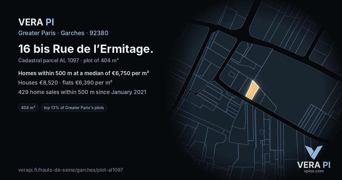 16 bis Rue de l’Ermitage, Garches at night – the plot lit, the parcels around coloured by the prices near them