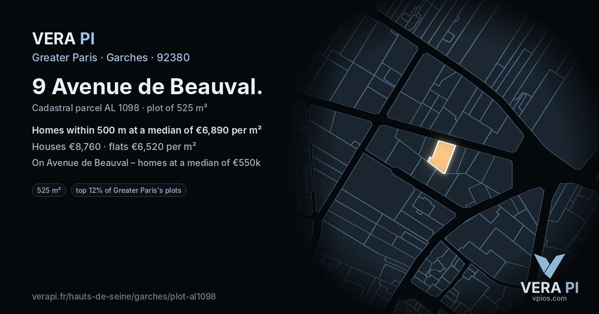 9 Avenue de Beauval, Garches at night – the plot lit, the parcels around coloured by the prices near them