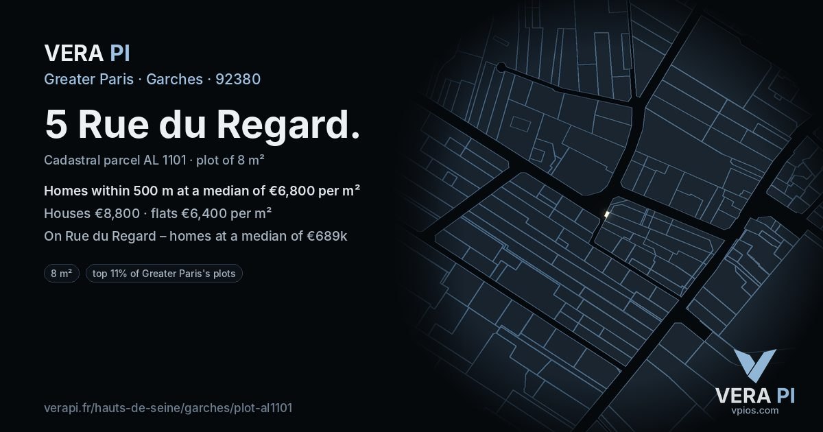5 Rue du Regard, Garches at night – the plot lit, the parcels around coloured by the prices near them
