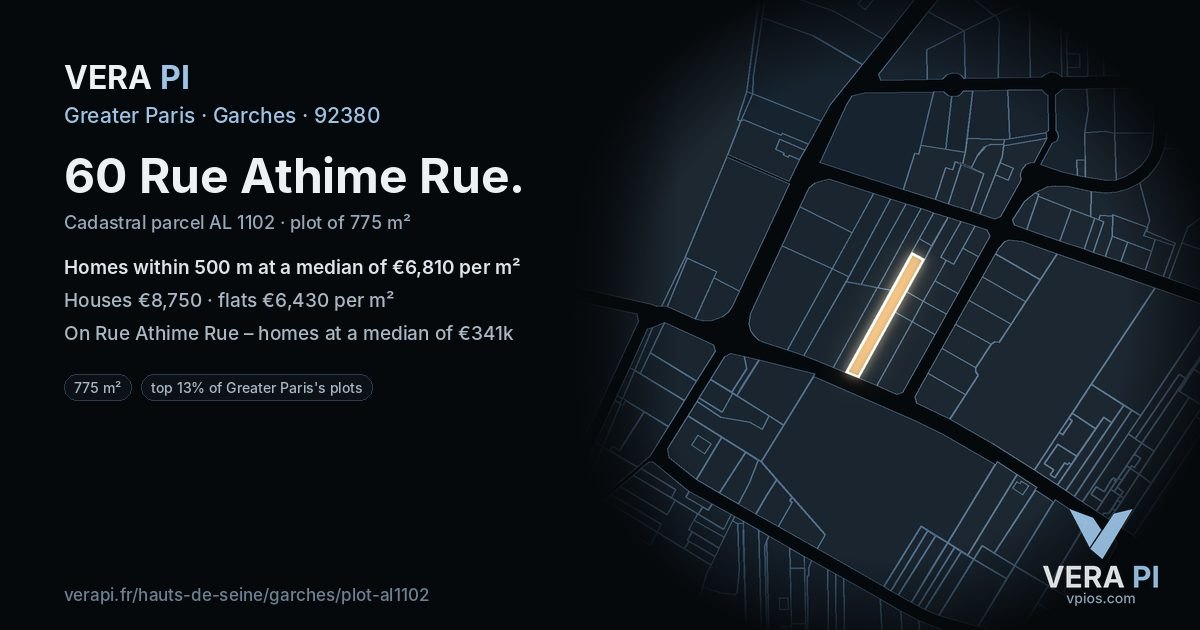 60 Rue Athime Rue, Garches at night – the plot lit, the parcels around coloured by the prices near them