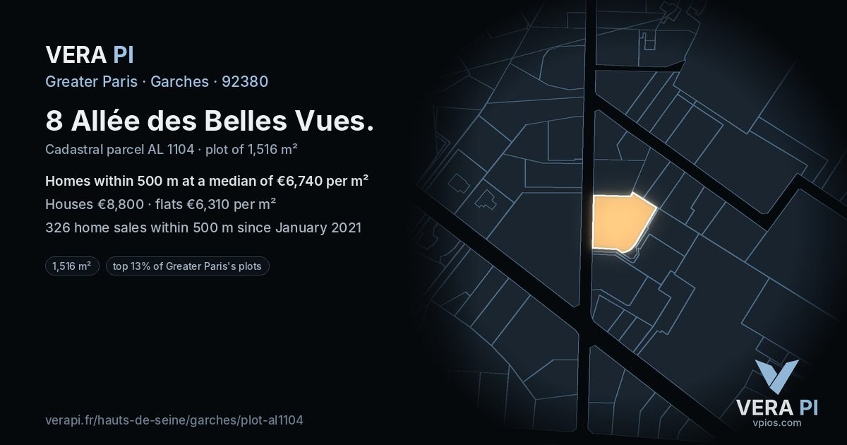 8 Allée des Belles Vues, Garches at night – the plot lit, the parcels around coloured by the prices near them