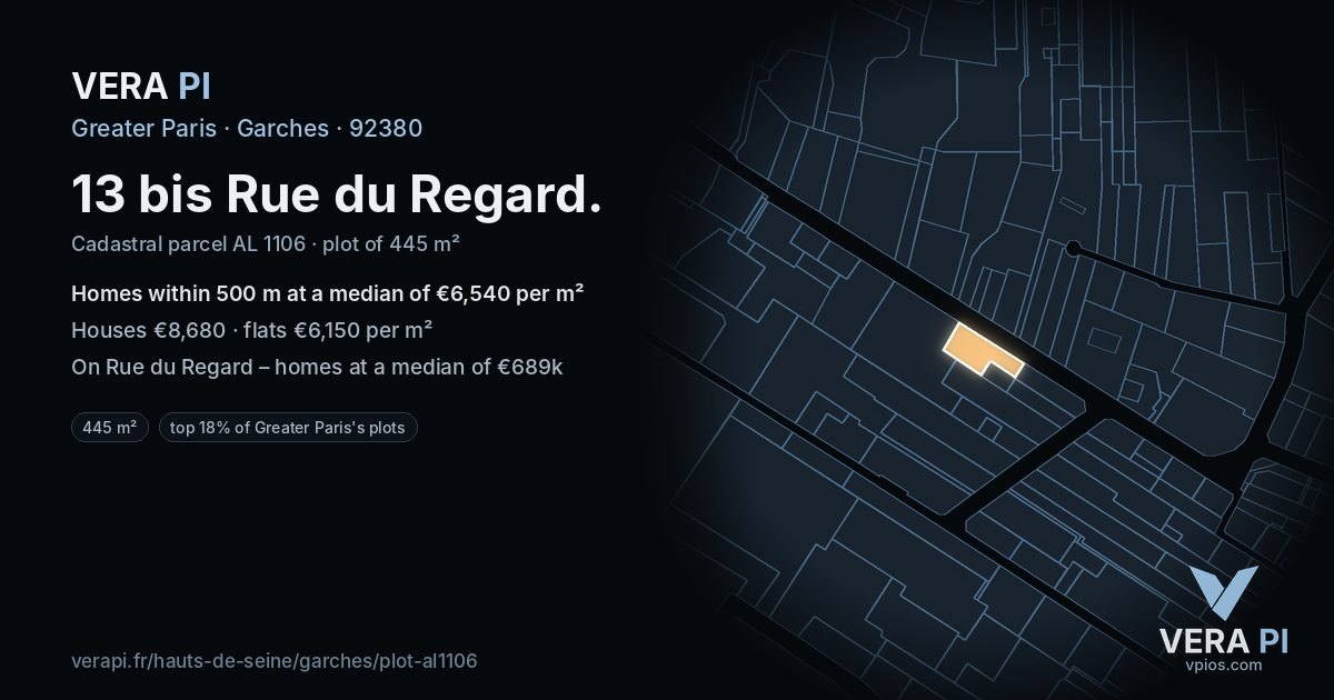 13 bis Rue du Regard, Garches at night – the plot lit, the parcels around coloured by the prices near them