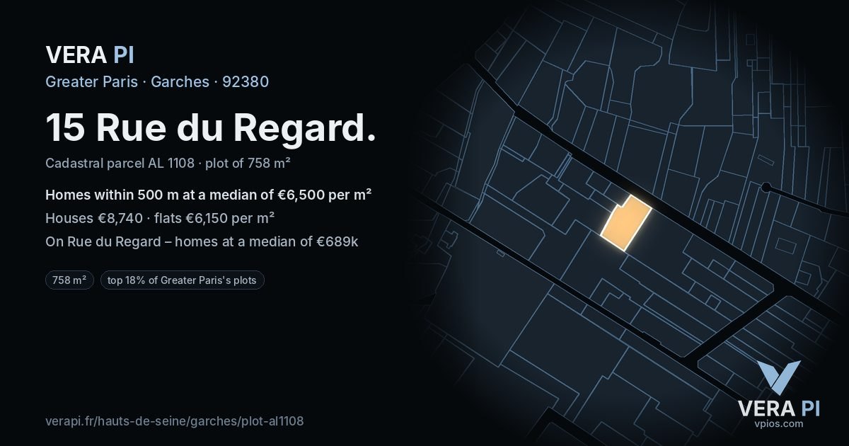 15 Rue du Regard, Garches at night – the plot lit, the parcels around coloured by the prices near them