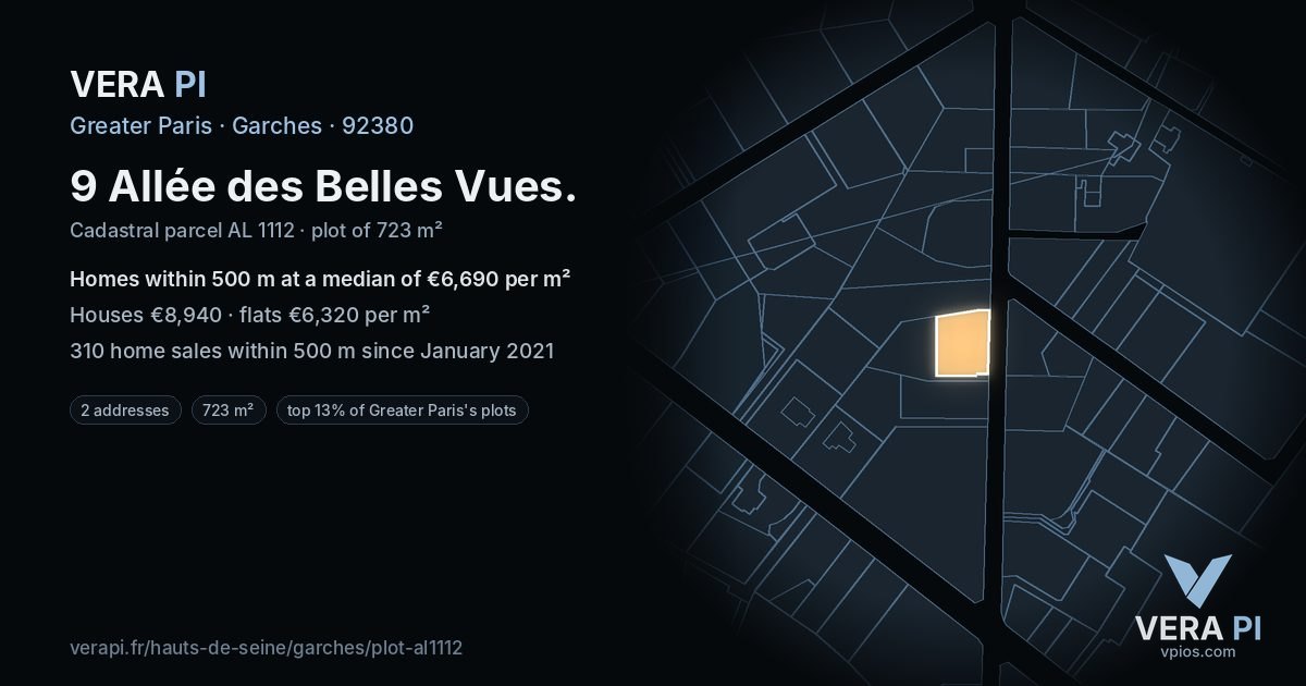 9 Allée des Belles Vues, Garches at night – the plot lit, the parcels around coloured by the prices near them