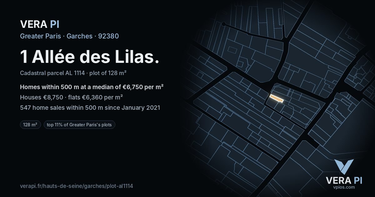 1 Allée des Lilas, Garches at night – the plot lit, the parcels around coloured by the prices near them