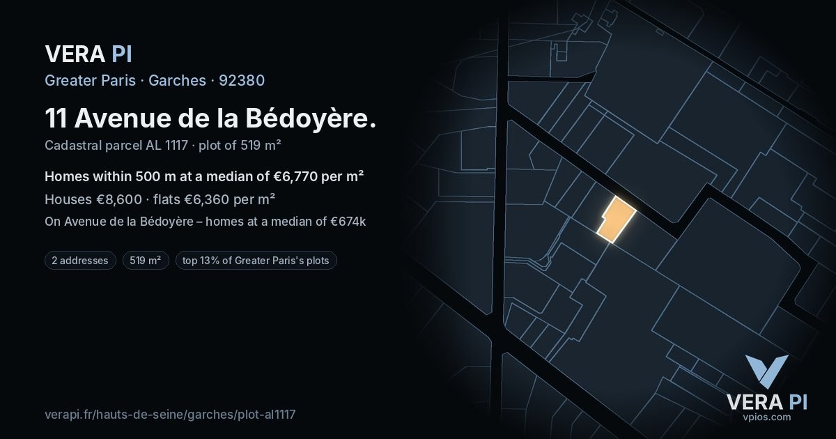 11 Avenue de la Bédoyère, Garches at night – the plot lit, the parcels around coloured by the prices near them