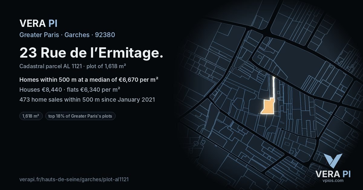23 Rue de l’Ermitage, Garches at night – the plot lit, the parcels around coloured by the prices near them