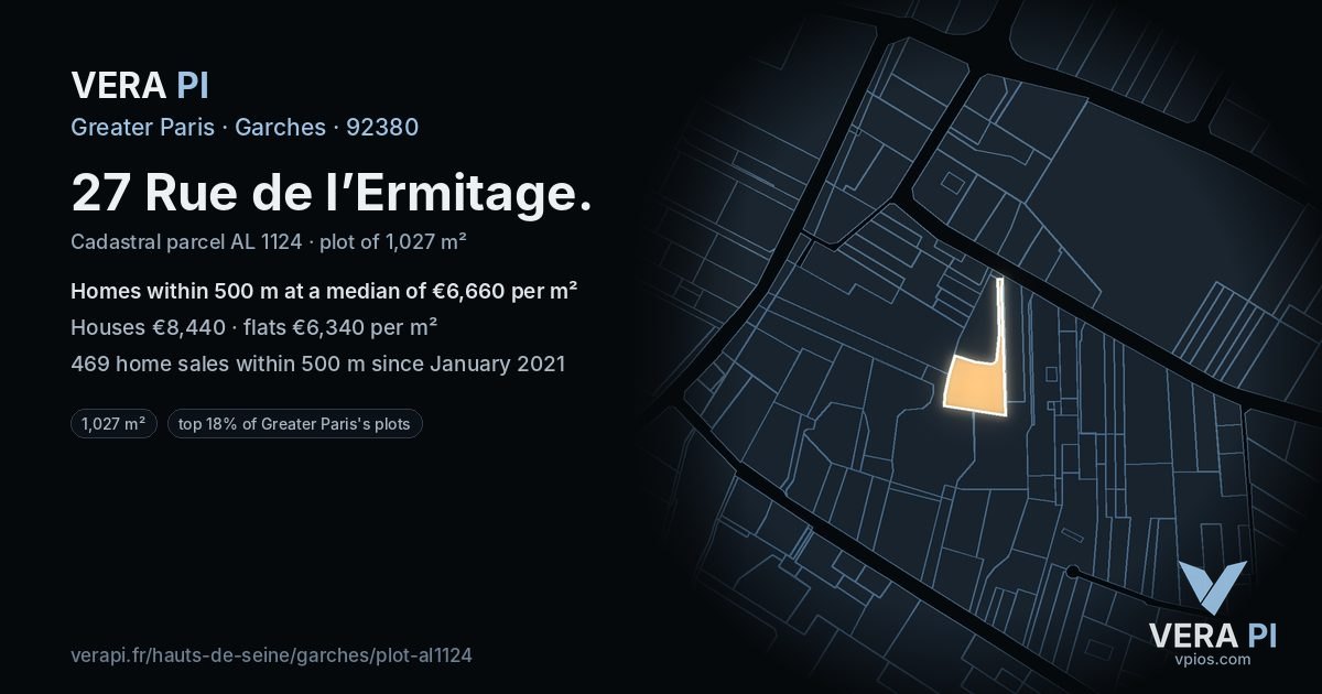 27 Rue de l’Ermitage, Garches at night – the plot lit, the parcels around coloured by the prices near them