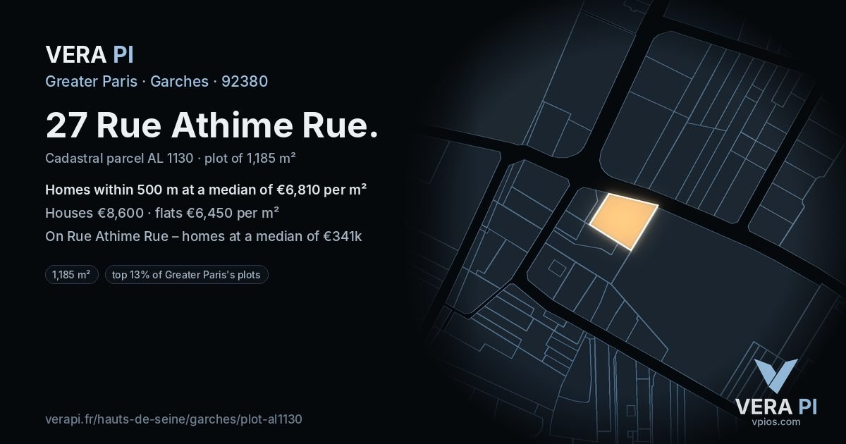 27 Rue Athime Rue, Garches at night – the plot lit, the parcels around coloured by the prices near them