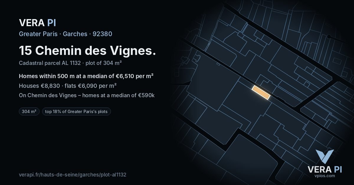 15 Chemin des Vignes, Garches at night – the plot lit, the parcels around coloured by the prices near them