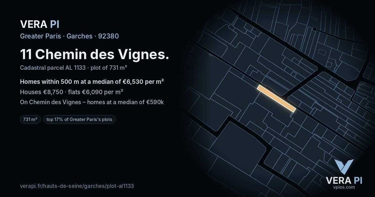 11 Chemin des Vignes, Garches at night – the plot lit, the parcels around coloured by the prices near them