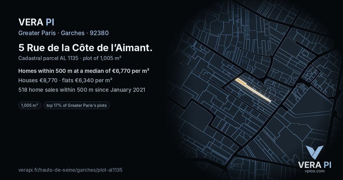 5 Rue de la Côte de l’Aimant, Garches at night – the plot lit, the parcels around coloured by the prices near them