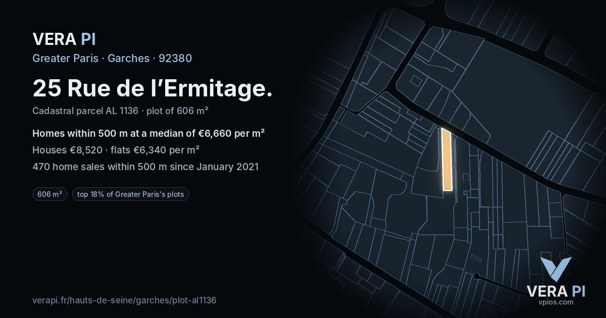 25 Rue de l’Ermitage, Garches at night – the plot lit, the parcels around coloured by the prices near them