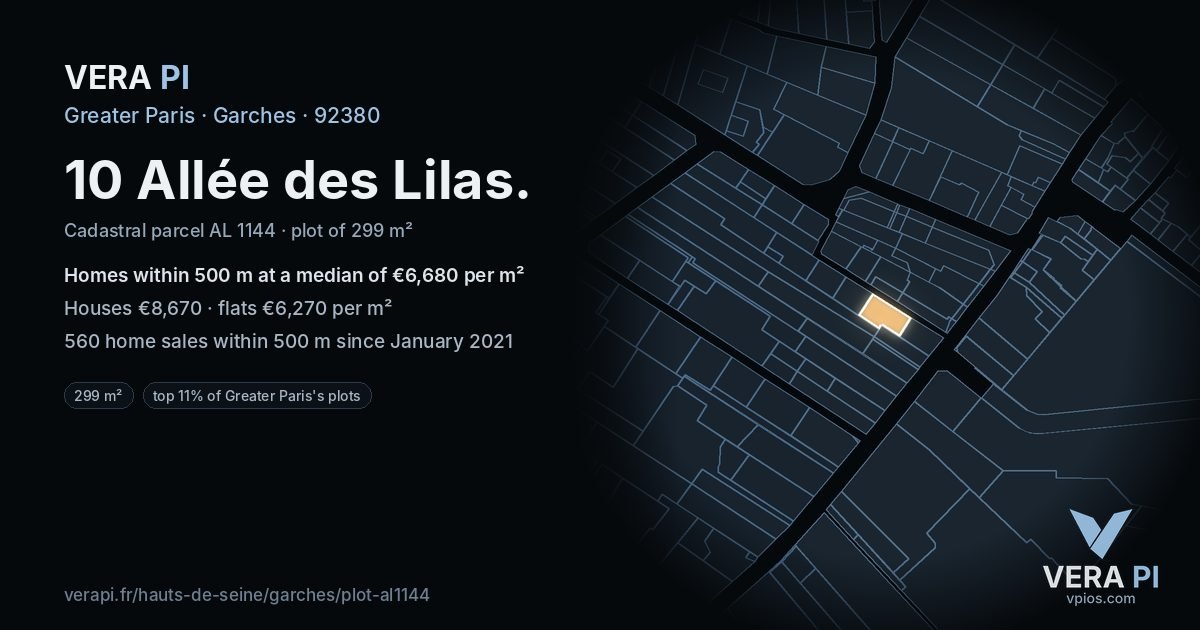 10 Allée des Lilas, Garches at night – the plot lit, the parcels around coloured by the prices near them