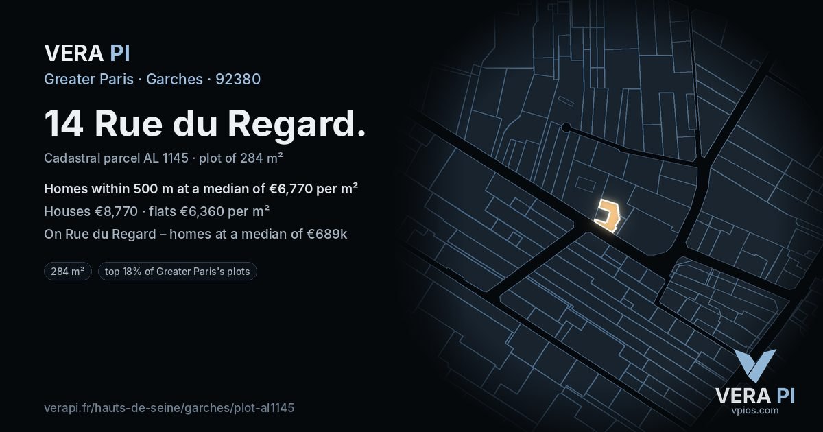 14 Rue du Regard, Garches at night – the plot lit, the parcels around coloured by the prices near them