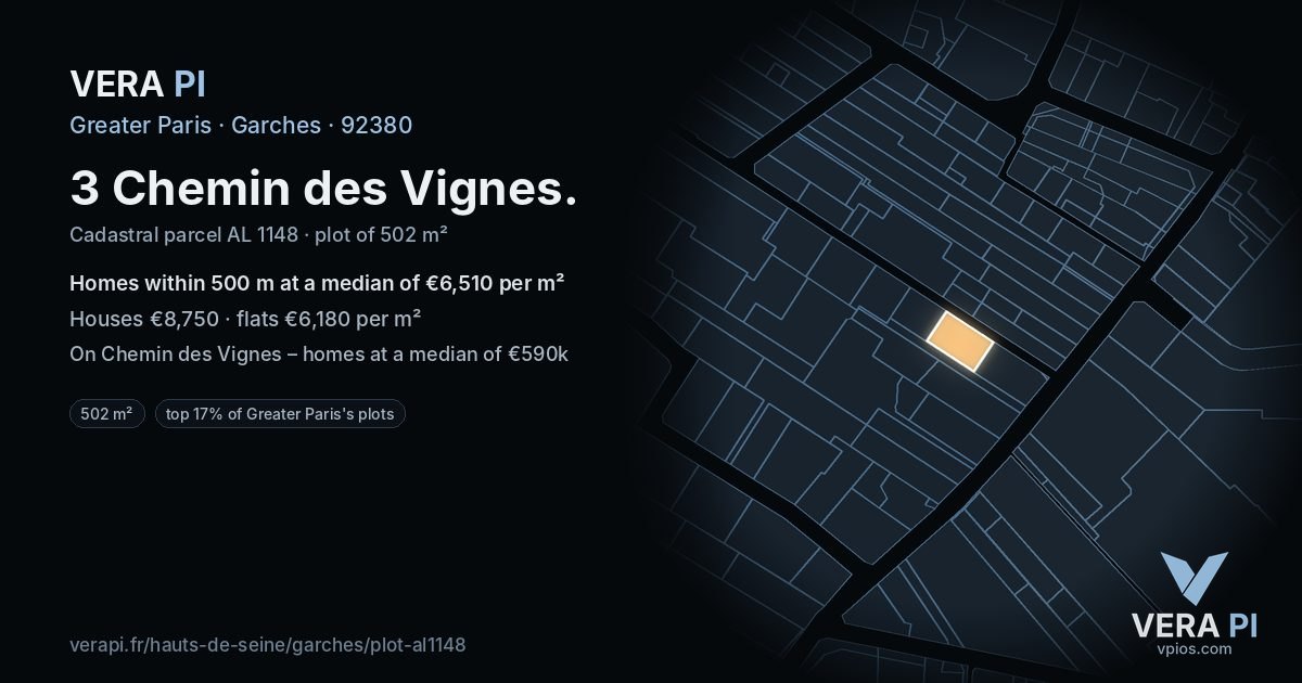 3 Chemin des Vignes, Garches at night – the plot lit, the parcels around coloured by the prices near them