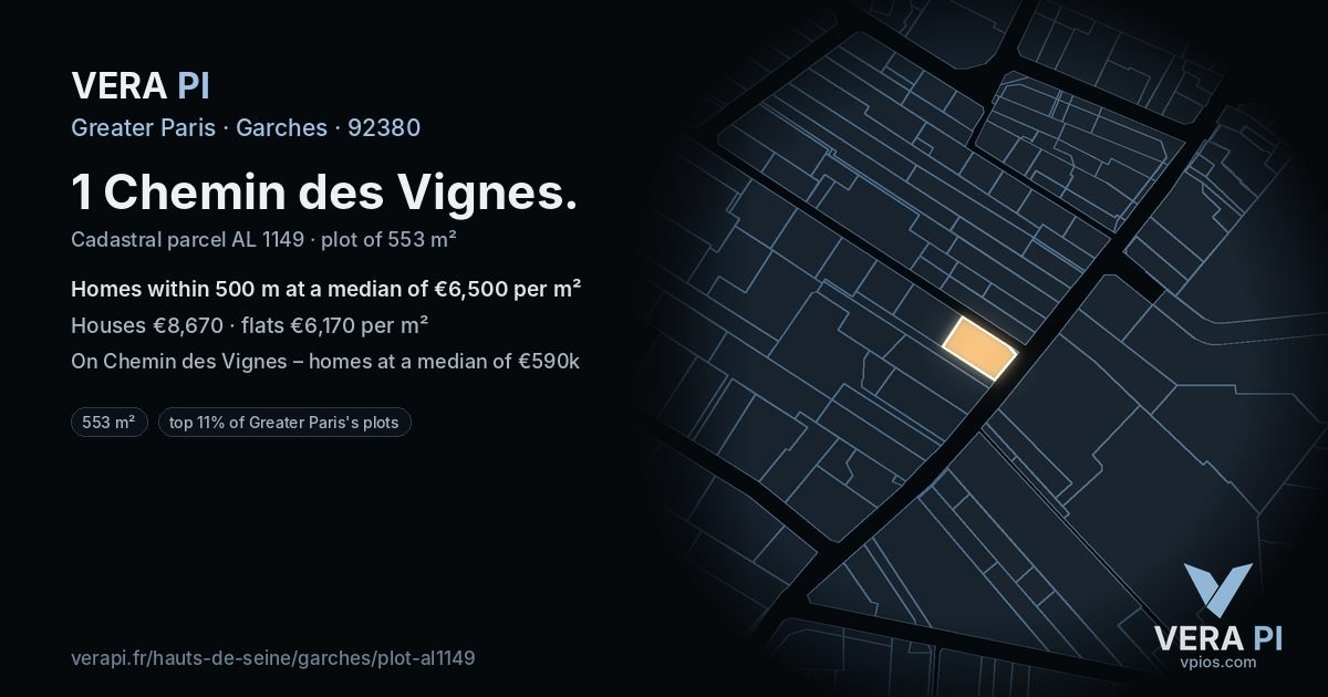 1 Chemin des Vignes, Garches at night – the plot lit, the parcels around coloured by the prices near them