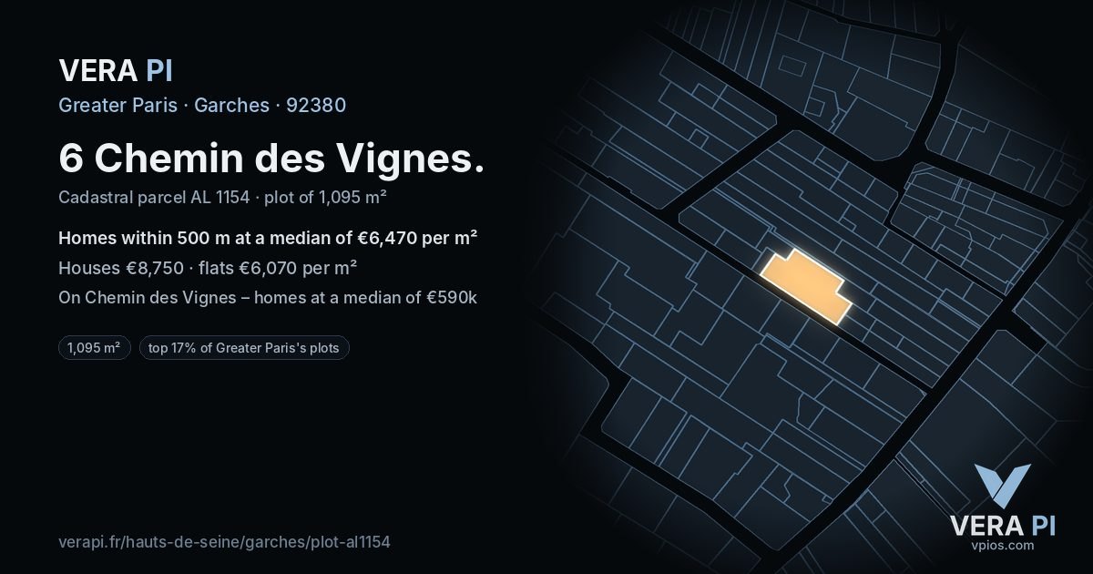 6 Chemin des Vignes, Garches at night – the plot lit, the parcels around coloured by the prices near them
