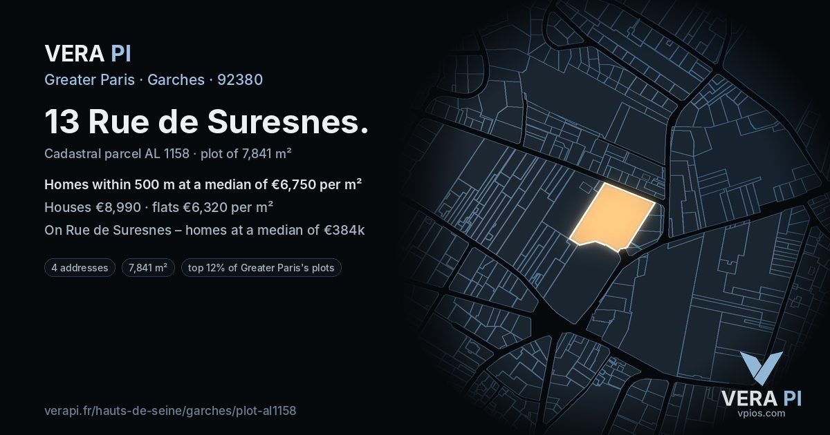 13 Rue de Suresnes, Garches at night – the plot lit, the parcels around coloured by the prices near them