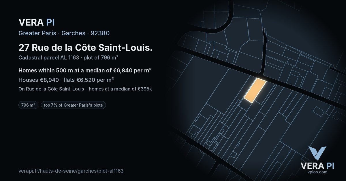 27 Rue de la Côte Saint-Louis, Garches at night – the plot lit, the parcels around coloured by the prices near them