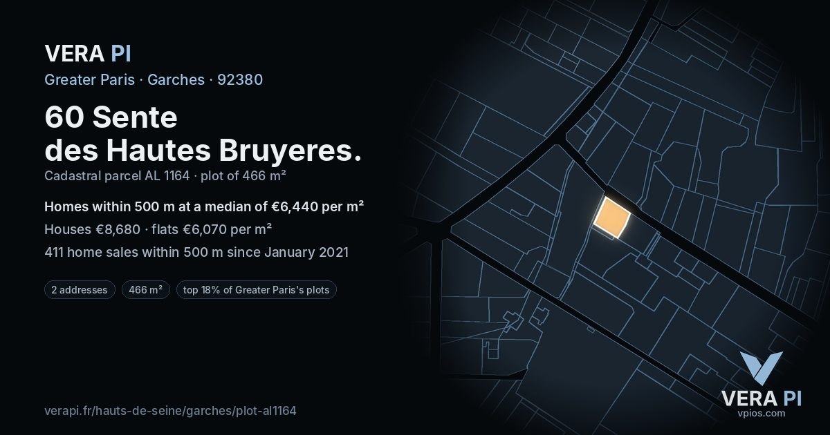 60 Sente des Hautes Bruyeres, Garches at night – the plot lit, the parcels around coloured by the prices near them