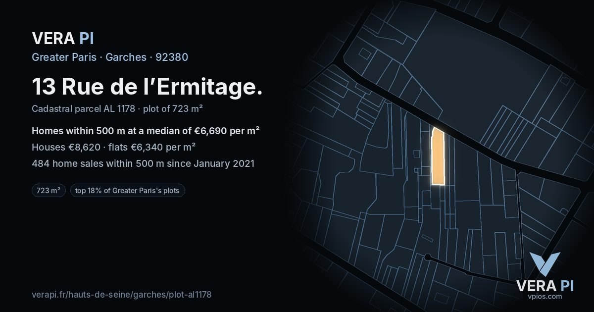 13 Rue de l’Ermitage, Garches at night – the plot lit, the parcels around coloured by the prices near them