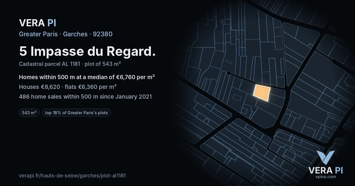 5 Impasse du Regard, Garches at night – the plot lit, the parcels around coloured by the prices near them