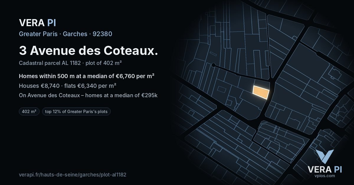 3 Avenue des Coteaux, Garches at night – the plot lit, the parcels around coloured by the prices near them