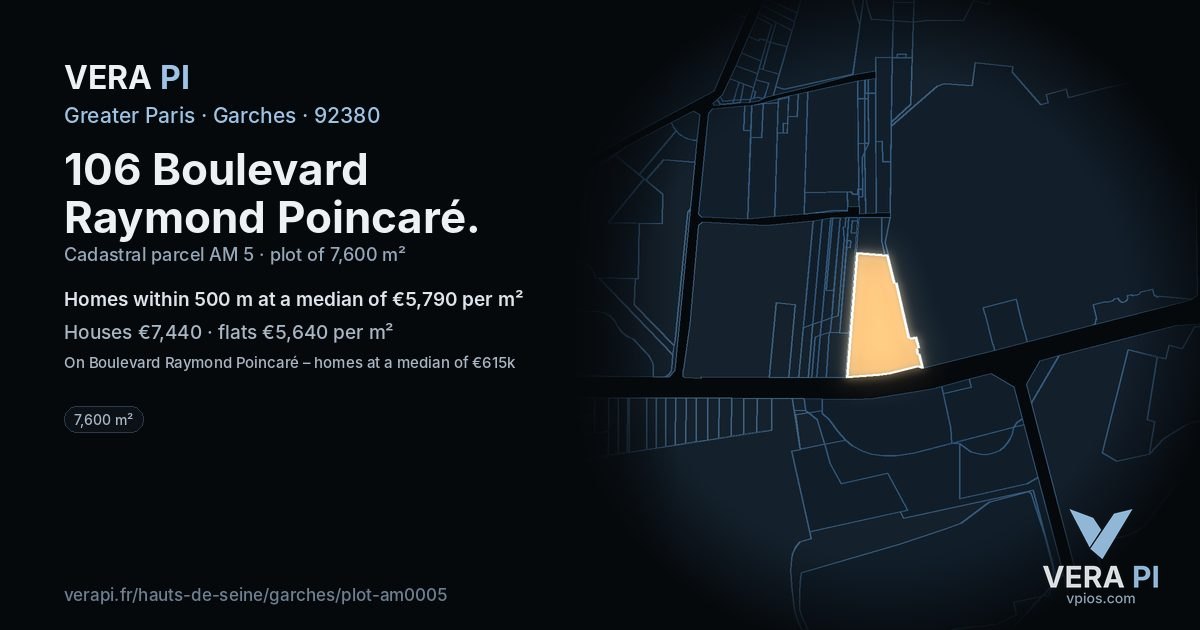 106 Boulevard Raymond Poincaré, Garches at night – the plot lit, the parcels around coloured by the prices near them