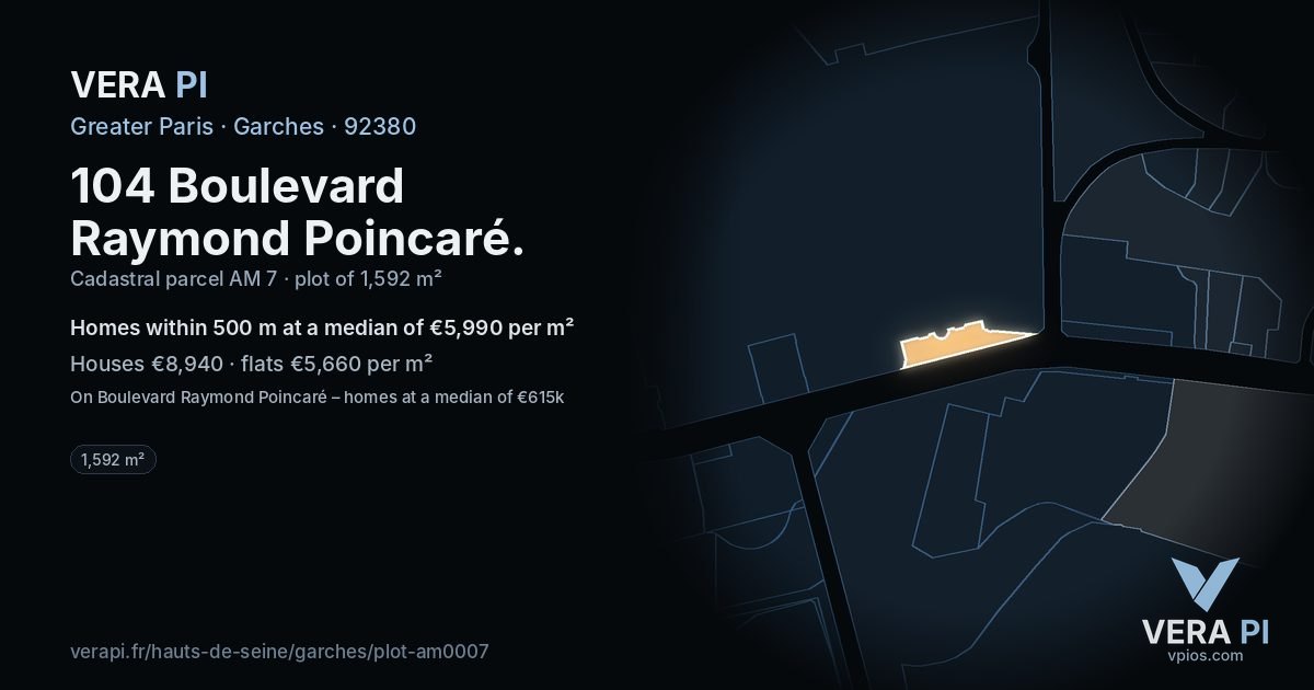 104 Boulevard Raymond Poincaré, Garches at night – the plot lit, the parcels around coloured by the prices near them