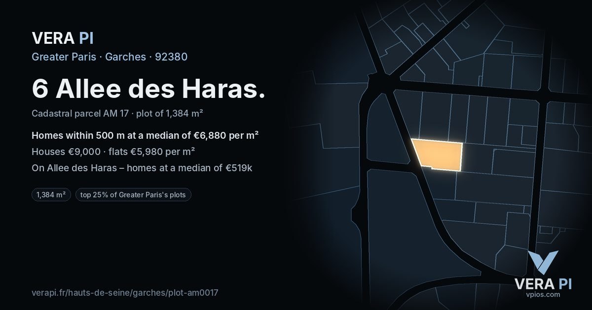 6 Allee des Haras, Garches at night – the plot lit, the parcels around coloured by the prices near them