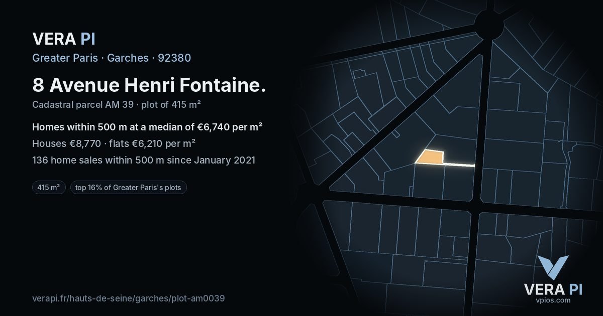 8 Avenue Henri Fontaine, Garches at night – the plot lit, the parcels around coloured by the prices near them