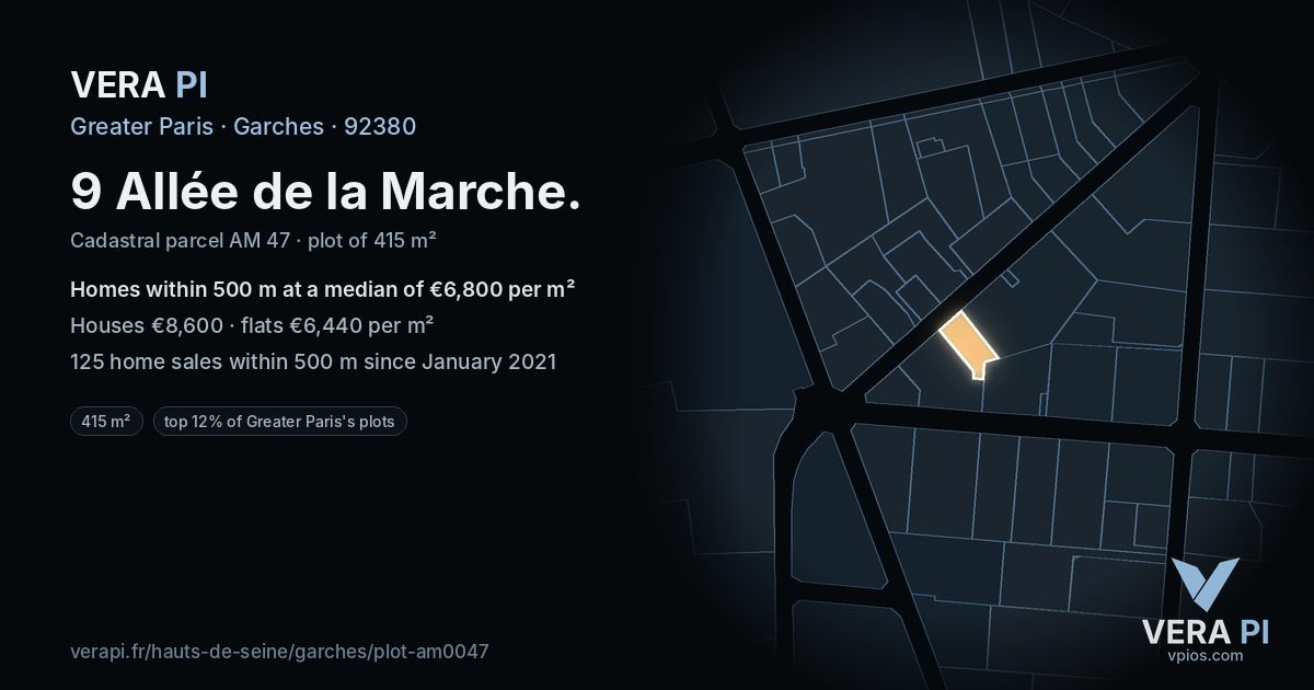 9 Allée de la Marche, Garches at night – the plot lit, the parcels around coloured by the prices near them