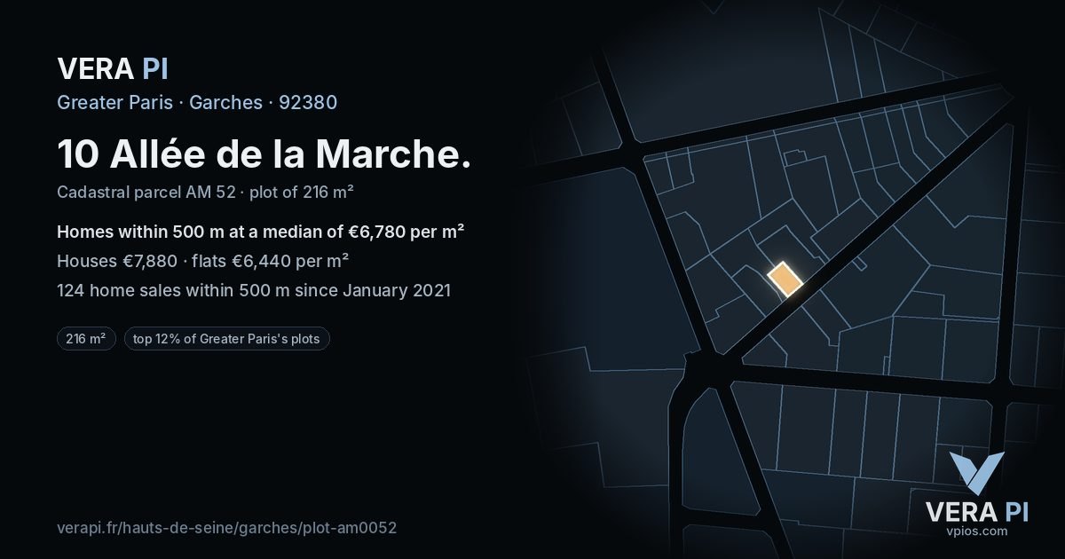 10 Allée de la Marche, Garches at night – the plot lit, the parcels around coloured by the prices near them