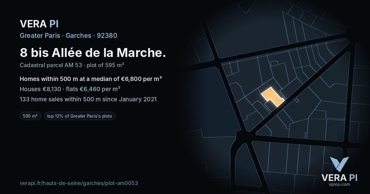 8 bis Allée de la Marche, Garches at night – the plot lit, the parcels around coloured by the prices near them