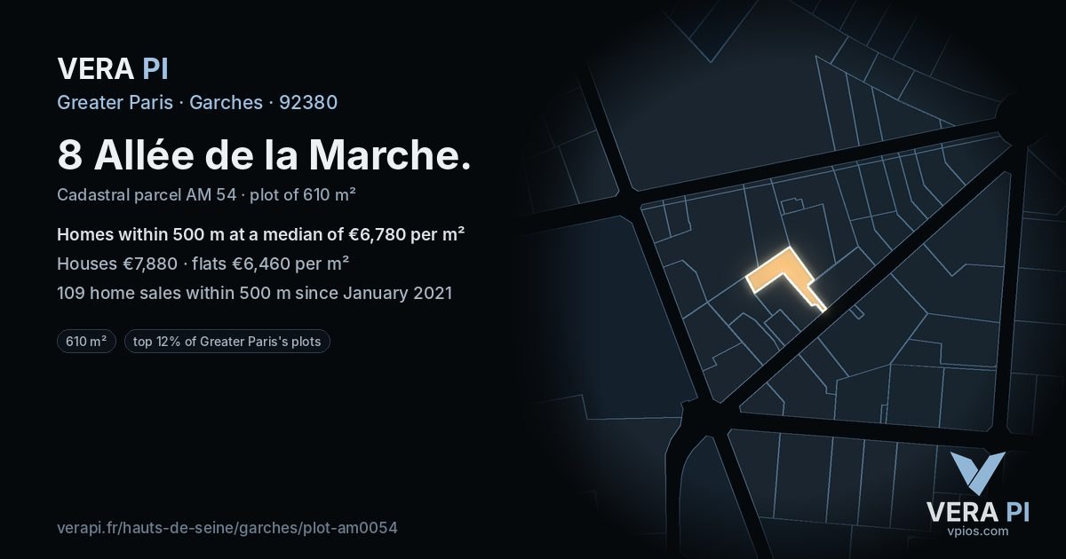 8 Allée de la Marche, Garches at night – the plot lit, the parcels around coloured by the prices near them