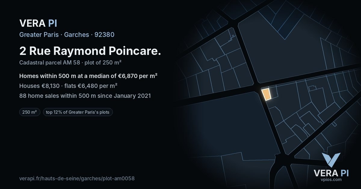 2 Rue Raymond Poincare, Garches at night – the plot lit, the parcels around coloured by the prices near them
