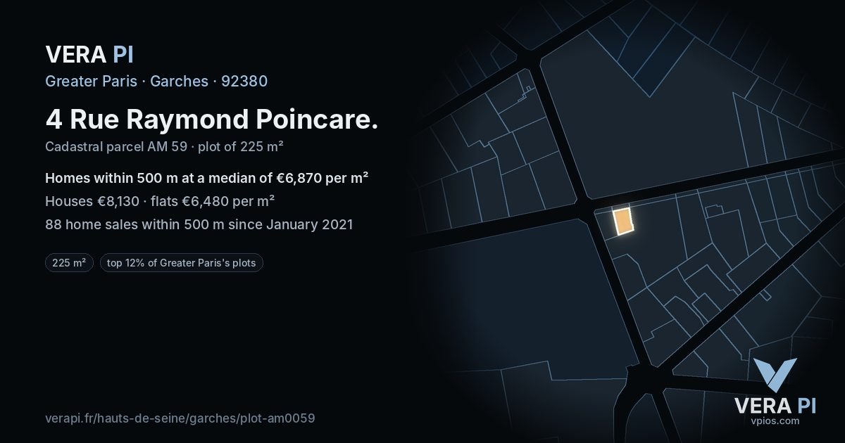 4 Rue Raymond Poincare, Garches at night – the plot lit, the parcels around coloured by the prices near them