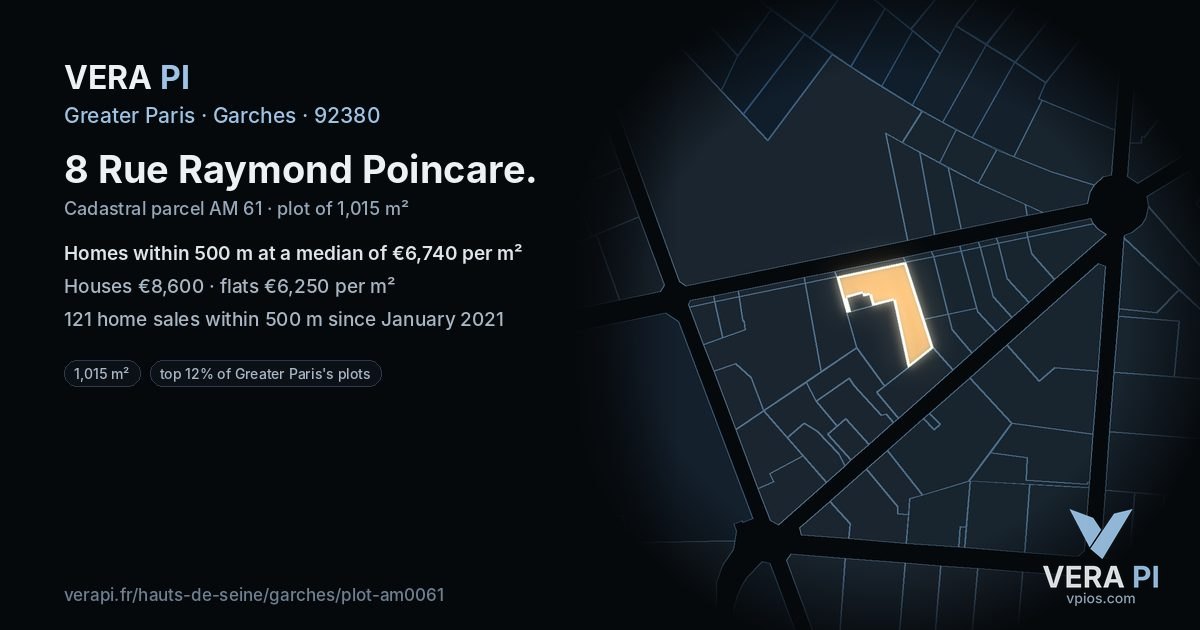 8 Rue Raymond Poincare, Garches at night – the plot lit, the parcels around coloured by the prices near them