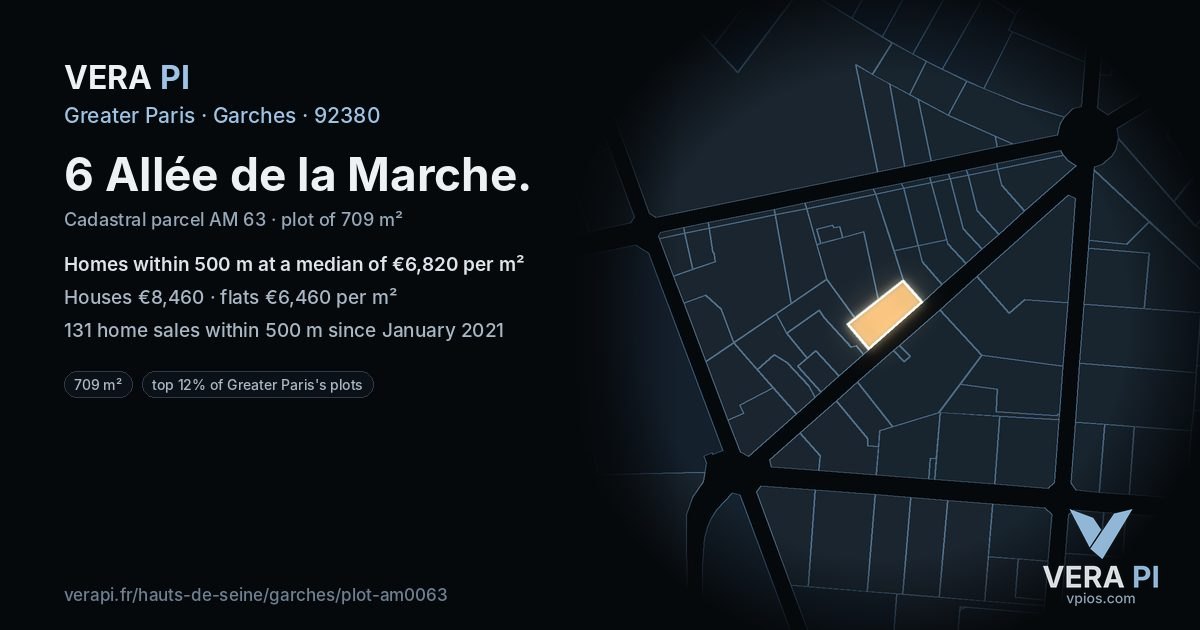 6 Allée de la Marche, Garches at night – the plot lit, the parcels around coloured by the prices near them