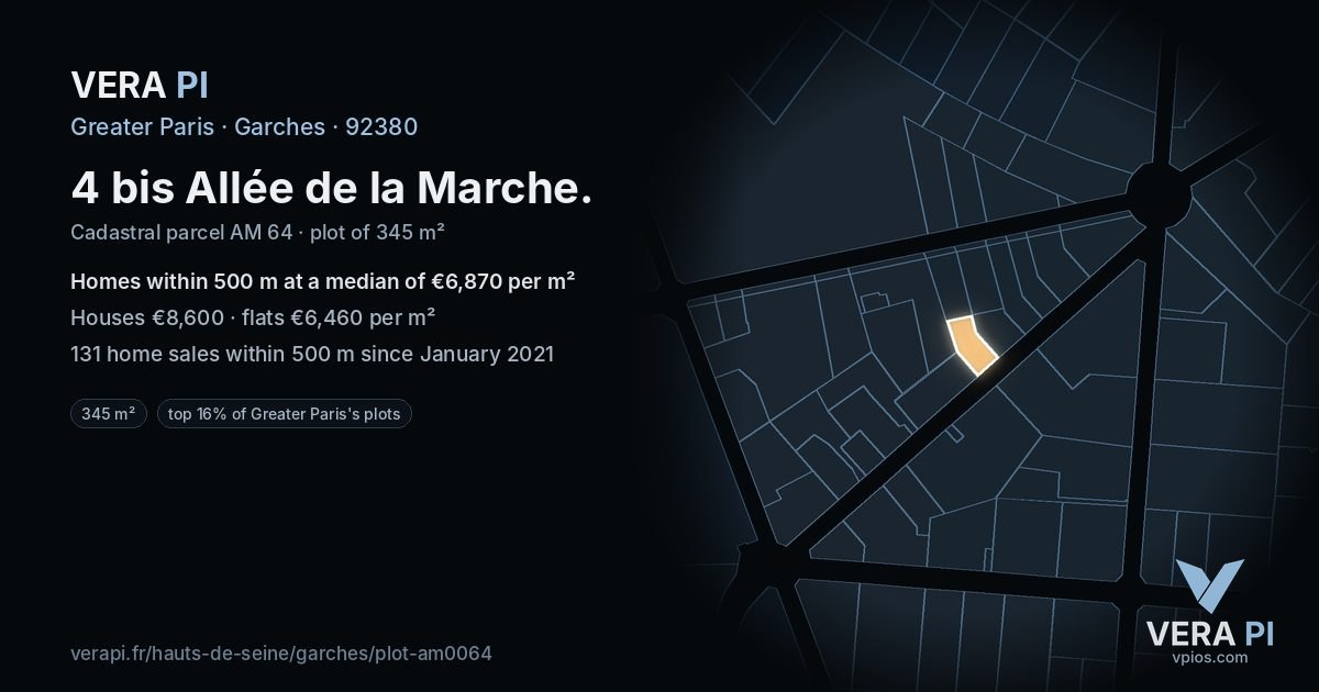 4 bis Allée de la Marche, Garches at night – the plot lit, the parcels around coloured by the prices near them