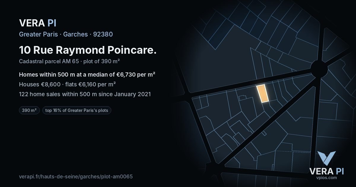 10 Rue Raymond Poincare, Garches at night – the plot lit, the parcels around coloured by the prices near them