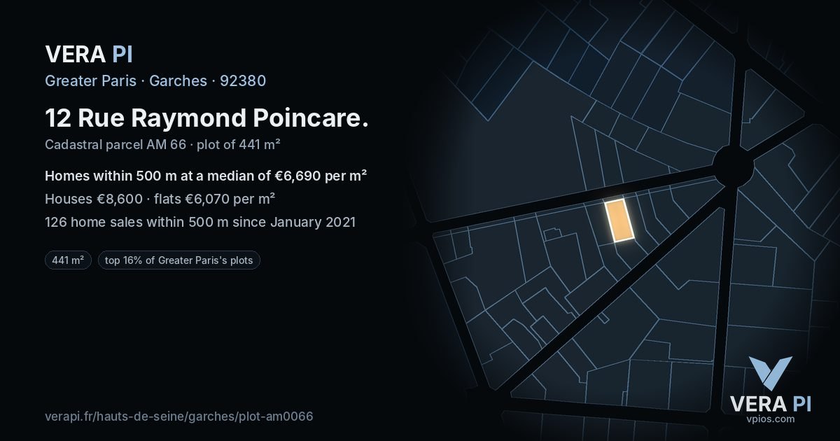 12 Rue Raymond Poincare, Garches at night – the plot lit, the parcels around coloured by the prices near them